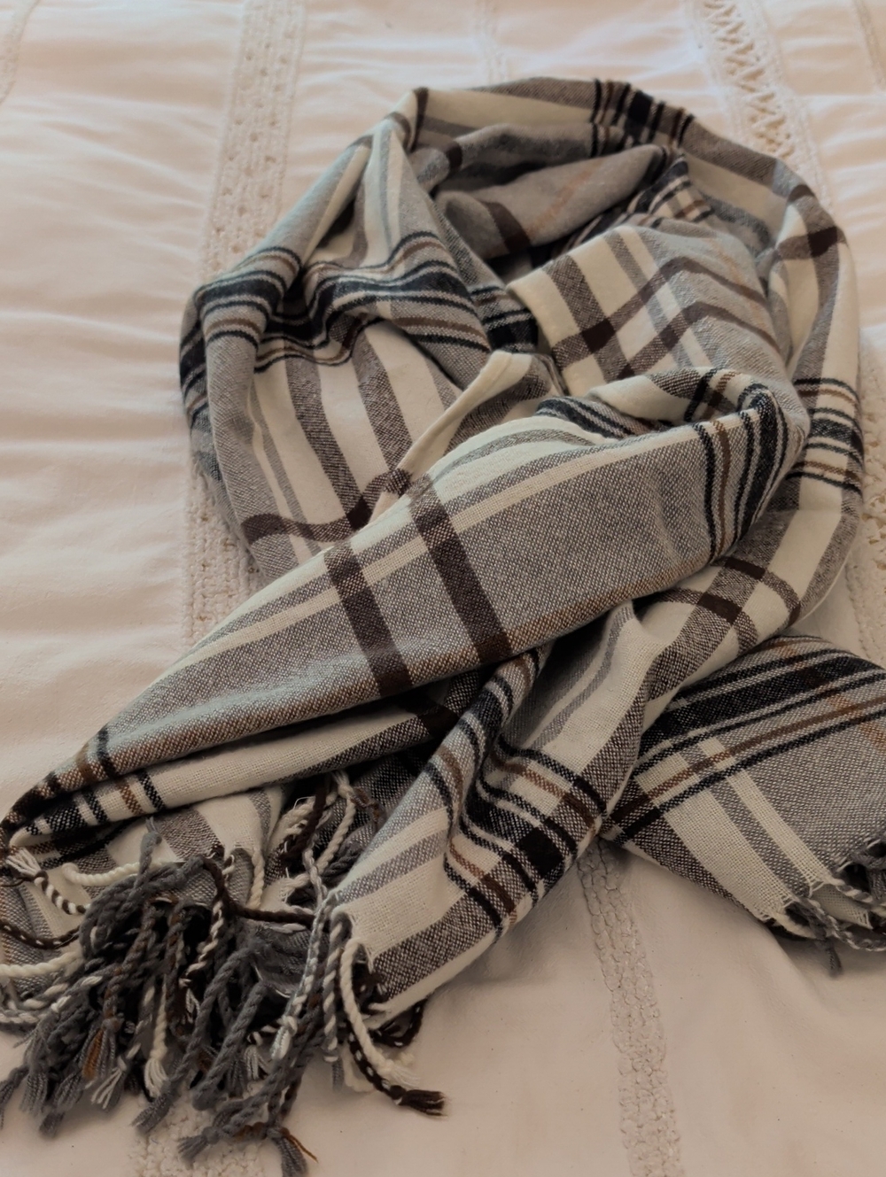 Plaid Fringe Wrap Scarf in Cream and Brown